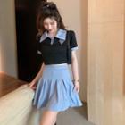 Contrast Collar Applique Cropped Polo Shirt / Pleated Mini A-line Skirt