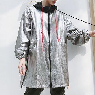 Patent Tie-waist Hooded Long Jacket