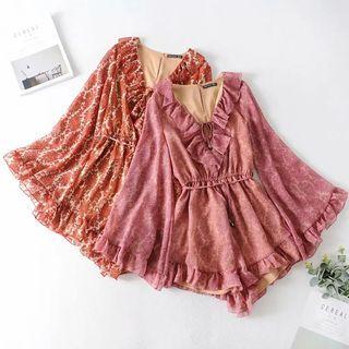 Floral Ruffle Trim Long-sleeve Playsuit
