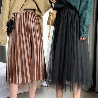 Mesh Overlay Midi Velvet Accordion Pleat Skirt