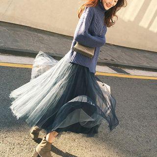 Set: Turtleneck Cable Knit Sweater + Mesh Midi A-line Skirt