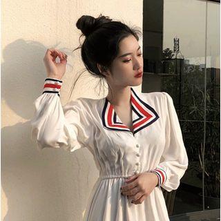 Contrast Trim Long-sleeve A-line Midi Chiffon Dress As Shown In Figure - One Size