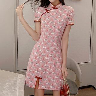 Short-sleeve Patterned A-line Mini Qipao