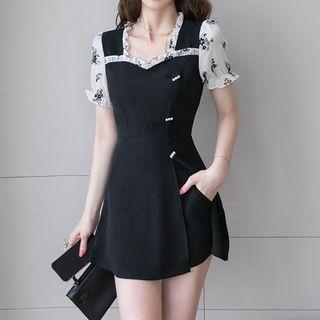 Set: Short-sleeve Flower Print Mini A-line Dress + Shorts