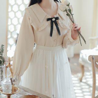 Puff-sleeve Blouse / Midi A-line Mesh Skirt