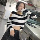 Long-sleeve Cutout Striped Knit Cropped Top