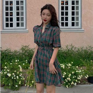 Elbow-sleeve Plaid A-line Dress Plaid - Green - One Size