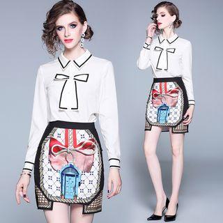 Set: Long-sleeve Tie-neck Shirt + Printed Mini Fitted Skirt