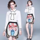 Set: Long-sleeve Tie-neck Shirt + Printed Mini Fitted Skirt