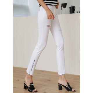 Embroidered Frayed Slim-fit Pants
