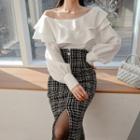 Long-sleeve Ruffle Top / Tweed Midi Mermaid Skirt / Set