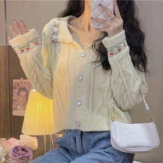 Collared Flower Embroidered Cropped Cardigan Almond - One Size