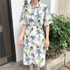 Short-sleeve Pineapple Print Midi A-line Dress