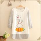 Stripe Panel Rabbit Print Elbow-sleeve Top As Shown In Figure - One Size