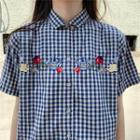 Embroidered Checked Short-sleeve Shirt As Shown In Figure - One Size