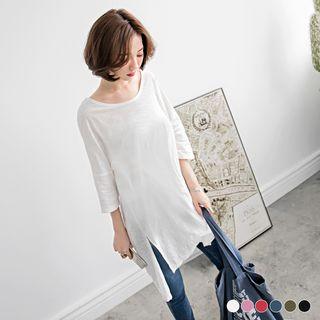 3/4-sleeve Slit-hem Long Top