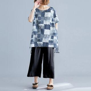 Plaid Short-sleeve Top / Wide-leg Pants / Set