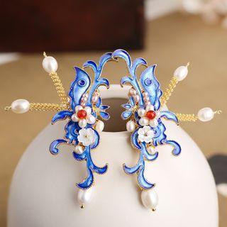 Retro Pearl Flower Hair Stick 1 Pair - Blue & Gold & White - One Size