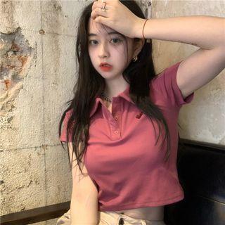 Short-sleeve Heart Embroidered Collared Cropped T-shirt