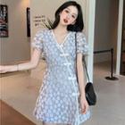 Short-sleeve Floral Lace Frog Buttoned A-line Mini Dress