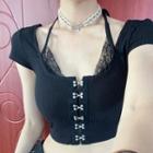 Cap-sleeve Halter Lace Panel Crop T-shirt