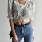 Drawstring Frilled Lace Crop Top One Size