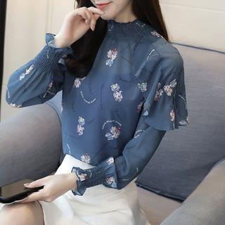 Set: Plain Camisole Top + Mock-neck Printed Long-sleeve Top