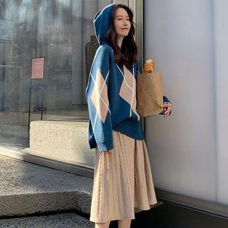 Argyle Hooded Sweater / Midi Knit Skirt