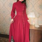 Long-sleeve Ruffle Button-up Midi A-line Dress