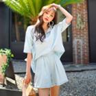 Set: Denim Shirt + Cuff-hem Wide-leg Shorts