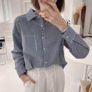 Pocket-patch Stripe Shirt Blue - One Size