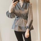 Belted Waist Gingham Long-sleeve Top