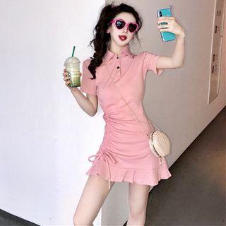 Collared Drawstring Short-sleeve A-line Dress