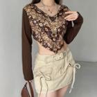 Long-sleeve V-neck Floral Lace Panel Cropped T-shirt