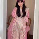 Short-sleeve Floral Panel Midi A-line Dress Floral Panel - Pink - One Size