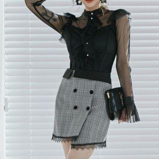 Set: Bell-sleeve Mesh Blouse + Lace Trim Plaid Mini Pencil Skirt