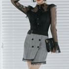 Set: Bell-sleeve Mesh Blouse + Lace Trim Plaid Mini Pencil Skirt