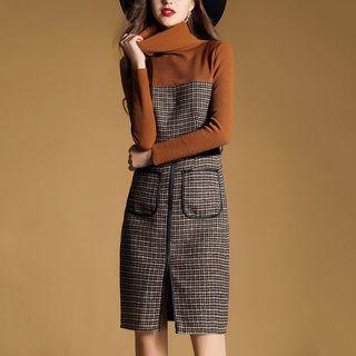 Mock Two-piece Plaid Panel Long-sleeve Dress