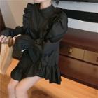 Long-sleeve Ruffle Trim Mini Dress Black - One Size