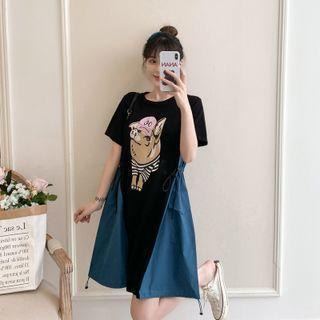 Cartoon Print Two-tone Panel Midi A-line Dress