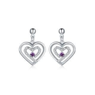 Simple And Elegant Heart-shaped Earrings With Purple Austrian Element Crystal Silver - One Size