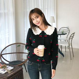 Scallop-collar Cherry Print Cardigan