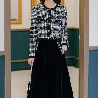 Set: Houndstooth Cardigan + Midi Skirt