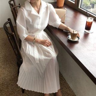 Short-sleeve Pleated Tie-waist Midi A-line Shirtdress