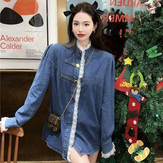 Long-sleeve Lace Loose-fit Denim Blouse Blue - One Size