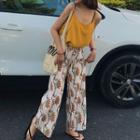 Set: Plain Short Sleeve Cropped T-shirt + Floral Print Wide Leg Pants Camisole - Yellow - Pants - Off-white - One Size