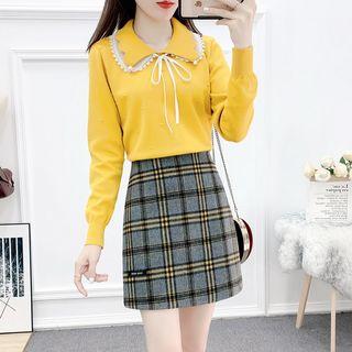 Set: Lace-panel Knit Collared Top + Check A-line Skirt