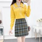 Set: Lace-panel Knit Collared Top + Check A-line Skirt