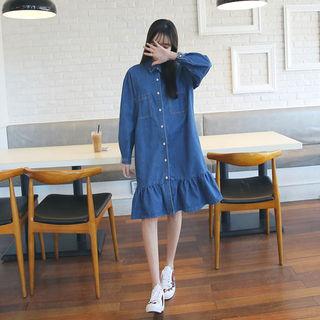 Ruffle-hem Denim Shirtdress