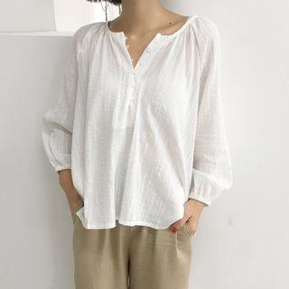 Plain Loose-fit Puff-sleeve Long-sleeve Blouse